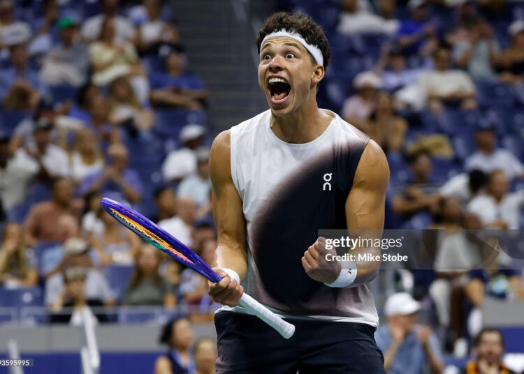 Ben Shelton of the United States reacts against Denis Shapovalov of Canada during their Men's Singles Third Round match on Day Six of the 2026 US Open (Photo by Mike Stobe/Getty Images)