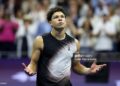 Ben Shelton of the United States celebrates after defeating Frances Tiafoe of the United States in their Men's Semifinal match on Day Thirteen of the 2026 US Open (Photo by Patrick Smith/Getty Images)