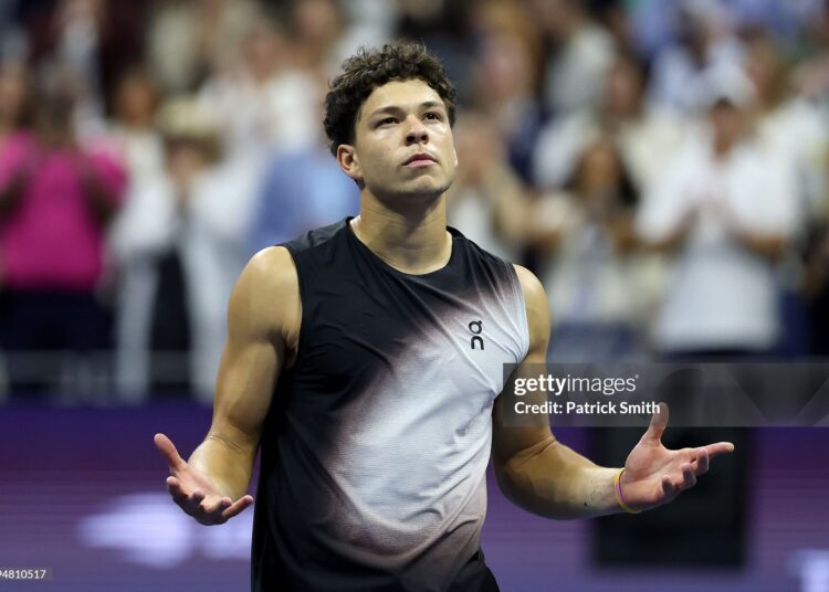 Ben Shelton of the United States celebrates after defeating Frances Tiafoe of the United States in their Men's Semifinal match on Day Thirteen of the 2026 US Open (Photo by Patrick Smith/Getty Images)