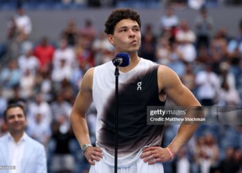 Ben Shelton of the United States is interviewed after being defeated by Alexander Zverev of Germany in their Men's Singles Final match on Day Fifteen of the 2026 US Open  (Photo by Matthew Stockman/Getty Images)