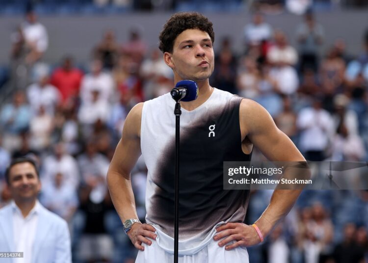 Ben Shelton of the United States is interviewed after being defeated by Alexander Zverev of Germany in their Men's Singles Final match on Day Fifteen of the 2026 US Open (Photo by Matthew Stockman/Getty Images)