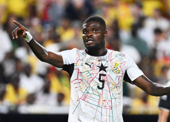 Thomas Partey #5 of Ghana appeals for a corner kick during the second half of a  FIFA World Cup 2026 Round Of 32 match between Colombia and Ghana at Kansas City Stadium on July 3, 2026 in Kansas City, Missouri. (Photo by Bill Barrett/ISI Photos/ISI Photos via Getty Images)