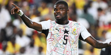 Thomas Partey #5 of Ghana appeals for a corner kick during the second half of a  FIFA World Cup 2026 Round Of 32 match between Colombia and Ghana at Kansas City Stadium on July 3, 2026 in Kansas City, Missouri. (Photo by Bill Barrett/ISI Photos/ISI Photos via Getty Images)