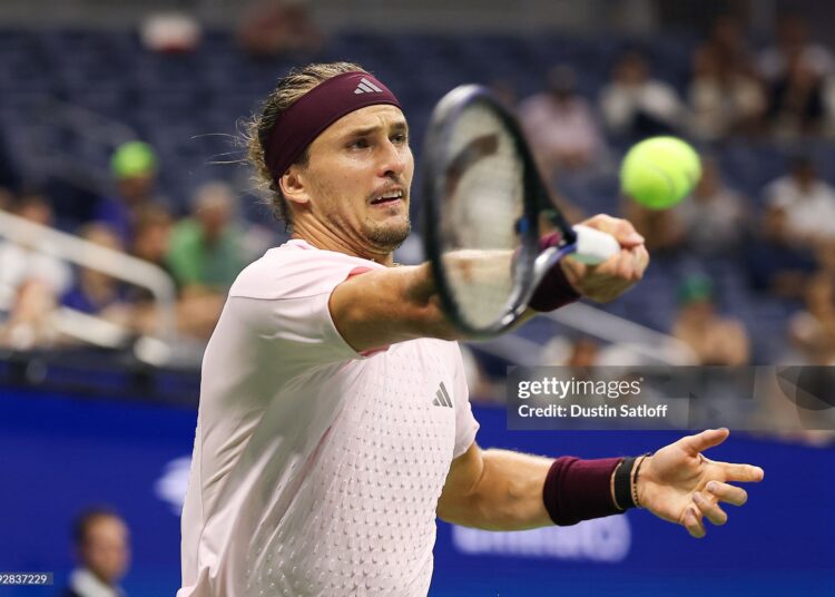 Alexander Zverev hits a forehand against Quentin Halys during a Men's Singles match on Day Five of the 2026 US Open (Photo by Dustin Satloff/USTA via Getty Images)