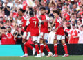 Kai Havertz of Arsenal celebrates scoring his team’s first goal with teammates during the Premier League 2026/27 match between Arsenal FC and Chelsea FC at Emirates Stadium on September 06, 2026 in London, England. (Photo by Ryan Pierse/Getty Images)
