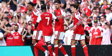 Kai Havertz of Arsenal celebrates scoring his team’s first goal with teammates during the Premier League 2026/27 match between Arsenal FC and Chelsea FC at Emirates Stadium on September 06, 2026 in London, England. (Photo by Ryan Pierse/Getty Images)