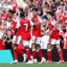 Kai Havertz of Arsenal celebrates scoring his team’s first goal with teammates during the Premier League 2026/27 match between Arsenal FC and Chelsea FC at Emirates Stadium on September 06, 2026 in London, England. (Photo by Ryan Pierse/Getty Images)