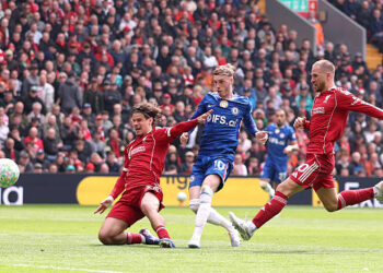 LIVERPOOL, ENGLAND - MAY 09: Cole Palmer of Chelsea scores a goal which was later ruled out following a VAR review during the Premier League match between Liverpool and Chelsea at Anfield on May 09, 2026 in Liverpool, England. (Photo by Carl Recine/Getty Images)