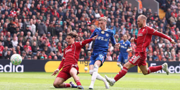 LIVERPOOL, ENGLAND - MAY 09: Cole Palmer of Chelsea scores a goal which was later ruled out following a VAR review during the Premier League match between Liverpool and Chelsea at Anfield on May 09, 2026 in Liverpool, England. (Photo by Carl Recine/Getty Images)