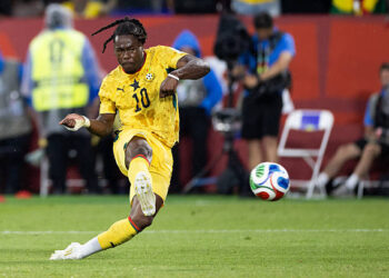 TORONTO, CANADA - JUNE 17: Brandon Thomas-Asante #10 of Ghana shoots the ball during the FIFA World Cup 2026 Group L match between Ghana and Panama at Toronto Stadium on June 17, 2026 in Toronto, Canada. (Photo by Thiago Szwarc/ISI Photos/ISI Photos via Getty Images)
