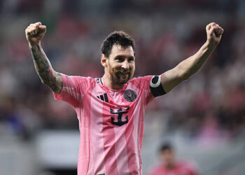 MIAMI, FLORIDA - AUGUST 29: Lionel Messi #10 of Inter Miami CF celebrates scoring his team's second goal during the MLS match between Inter Miami CF and CF Montreal at Nu Stadium on August 29, 2026 in Miami, Florida. (Photo by Carmen Mandato/Getty Images)