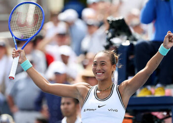 NEW YORK, NEW YORK - SEPTEMBER 05: Qinwen Zheng of China reacts after defeating Madison Keys of the United States during their Women's Singles Third Round match on Day Seven of the 2026 US Open at USTA Billie Jean King National Tennis Center on September 05, 2026 in the Flushing neighborhood of the Queens borough of New York City. (Photo by Al Bello/Getty Images)