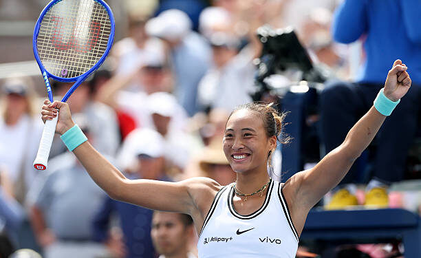 NEW YORK, NEW YORK - SEPTEMBER 05: Qinwen Zheng of China reacts after defeating Madison Keys of the United States during their Women's Singles Third Round match on Day Seven of the 2026 US Open at USTA Billie Jean King National Tennis Center on September 05, 2026 in the Flushing neighborhood of the Queens borough of New York City. (Photo by Al Bello/Getty Images)