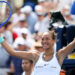 NEW YORK, NEW YORK - SEPTEMBER 05: Qinwen Zheng of China reacts after defeating Madison Keys of the United States during their Women's Singles Third Round match on Day Seven of the 2026 US Open at USTA Billie Jean King National Tennis Center on September 05, 2026 in the Flushing neighborhood of the Queens borough of New York City. (Photo by Al Bello/Getty Images)