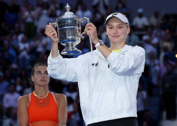 NEW YORK, NEW YORK - SEPTEMBER 12: Elena Rybakina of Kazakhstan celebrates with the trophy after defeating Aryna Sabalenka in their Women's Singles Final match on Day Fourteen of the 2026 US Open at USTA Billie Jean King National Tennis Center on September 12, 2026 in the Flushing neighborhood of the Queens borough of New York City. (Photo by Sarah Stier/Getty Images)
