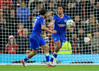 MANCHESTER, ENGLAND - SEPTEMBER 16: Jaouen Hadjam of Brighton and Hove Albion and Charalampos Kostoulas of Brighton and Hove Albion celebrate Brighton 1st goal during the Carabao Cup Third Round match between Manchester United and Brighton & Hove Albion at Old Trafford on September 16, 2026 in Manchester, England. (Photo by Nigel French/Sportsphoto/Allstar via Getty Images)