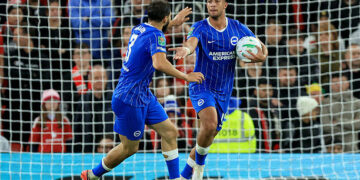 MANCHESTER, ENGLAND - SEPTEMBER 16: Jaouen Hadjam of Brighton and Hove Albion and Charalampos Kostoulas of Brighton and Hove Albion celebrate Brighton 1st goal during the Carabao Cup Third Round match between Manchester United and Brighton & Hove Albion at Old Trafford on September 16, 2026 in Manchester, England. (Photo by Nigel French/Sportsphoto/Allstar via Getty Images)