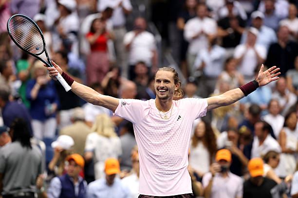 NEW YORK, NEW YORK - SEPTEMBER 13: Alexander Zverev of Germany celebrates match point against Ben Shelton of the United States in their Men's Singles Final match on Day Fifteen of the 2026 US Open at USTA Billie Jean King National Tennis Center on September 13, 2026 in the Flushing neighborhood of the Queens borough of New York City. (Photo by Matthew Stockman/Getty Images)
