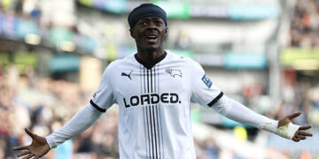 Derby County's Mohammed Fuseini celebrates scoring his sides first goal during the Sky Bet Championship match at Turf Moor, Burnley. Picture date: Saturday September 19, 2026. (Photo by Richard Sellers/PA Images via Getty Images)