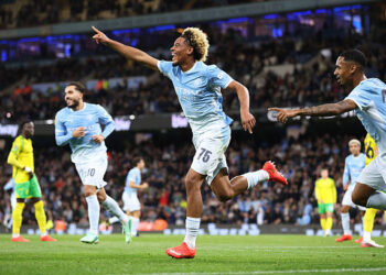 MANCHESTER, ENGLAND - SEPTEMBER 17: Floyd Samba of Manchester City celebrates after scoring their first goal during the Carabao Cup Third Round match between Manchester City and Norwich City at Etihad Stadium on September 17, 2026 in Manchester, England. (Photo by Alex Livesey - Danehouse/Getty Images)