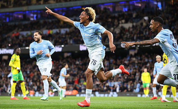 MANCHESTER, ENGLAND - SEPTEMBER 17: Floyd Samba of Manchester City celebrates after scoring their first goal during the Carabao Cup Third Round match between Manchester City and Norwich City at Etihad Stadium on September 17, 2026 in Manchester, England. (Photo by Alex Livesey - Danehouse/Getty Images)