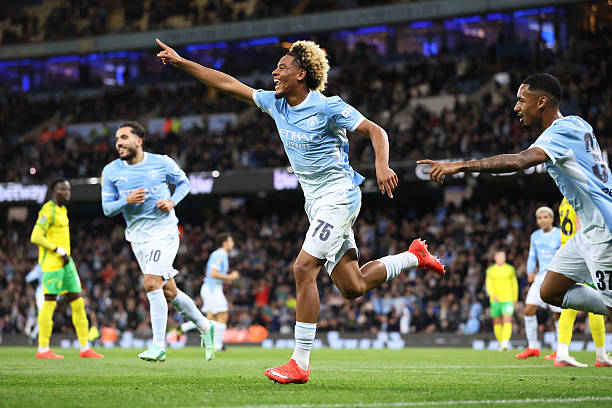 MANCHESTER, ENGLAND - SEPTEMBER 17: Floyd Samba of Manchester City celebrates after scoring their first goal during the Carabao Cup Third Round match between Manchester City and Norwich City at Etihad Stadium on September 17, 2026 in Manchester, England. (Photo by Alex Livesey - Danehouse/Getty Images)