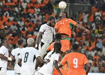 Ivory Coast's defender #21 Evan Ndicka heads the ball during the Africa Cup of Nations 2027 qualifying football match between Ivory Coast and Ghana at the Stade de Bouake on September 24, 2026. (Photo by Issouf SANOGO / AFP via Getty Images)