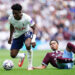 Mohammed Kudus of Tottenham Hotspur competes with George Hemmings of Aston Villa during the Premier League match between Tottenham Hotspur and Aston Villa at Tottenham Hotspur Stadium in London, United Kingdom, on September 19, 2026. (Photo by Harvey Murphy/News Images/NurPhoto via Getty Images)