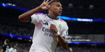 Kylian Mbappe of Real Madrid celebrates after scoring his side's fourth goal to complete his hat-trick during the LaLiga EA Sports 2026/27 match between Real Madrid and Real Sociedad at Estadio Santiago Bernabeu on August 26, 2026 in Madrid, Spain. (Photo by Alvaro Medranda/Quality Sport Images/Getty Images)