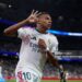 Kylian Mbappe of Real Madrid celebrates after scoring his side's fourth goal to complete his hat-trick during the LaLiga EA Sports 2026/27 match between Real Madrid and Real Sociedad at Estadio Santiago Bernabeu on August 26, 2026 in Madrid, Spain. (Photo by Alvaro Medranda/Quality Sport Images/Getty Images)