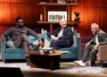 (left to right) Micah Richards, Alan Shearer and Gary Lineker during the first ever live show of The Rest Is Football, at Royal Festival Hall, central London. Picture date: Friday September 4, 2026. (Photo by Ian West/PA Images via Getty Images)