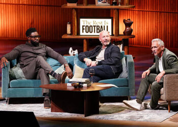 (left to right) Micah Richards, Alan Shearer and Gary Lineker during the first ever live show of The Rest Is Football, at Royal Festival Hall, central London. Picture date: Friday September 4, 2026. (Photo by Ian West/PA Images via Getty Images)