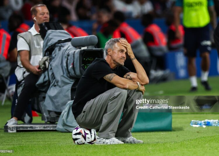Luis Enrique Head Coach of Paris Saint-Germain looks defeated during the Ligue 1 McDonald's 2026/27 match between Paris Saint-Germain and AS Monaco (Photo by Catherine Steenkeste/Getty Images)