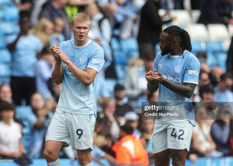 Erling Haaland and Antoine Semenyo of Manchester City applaud fans during the Premier League match against Coventry City at Etihad Stadium in Manchester, United Kingdom, on September 5, 2026. (Photo by Mark Cosgrove/News Images/NurPhoto via Getty Images)