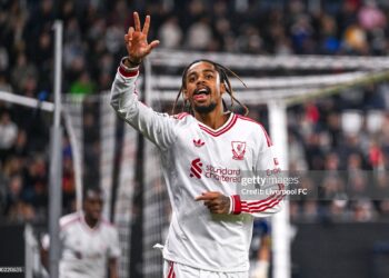 Bradley Barcola of Liverpool celebrates after scoring their team's fifth goal and their third for a hattrick during the UEFA Champions League 2026/27 League Phase MD2 match between LASK and Liverpool FC (Photo by Liverpool FC/Liverpool FC via Getty Images)