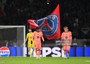 Lamine Yamal and Fermin Lopez of FC Barcelona look dejected during the UEFA Champions League 2026/27 League Phase MD3 match between Paris Saint-Germain and FC Barcelona (Photo by David Ramos - UEFA/UEFA via Getty Images)