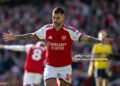 Bruno Guimaraes of Arsenal FC celebrates after scoring goal during the Premier League 2026/27 match between Arsenal FC and Leeds United (Photo by Sebastian Frej/MB Media/Getty Images)