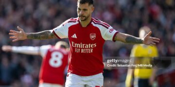 Bruno Guimaraes of Arsenal FC celebrates after scoring goal during the Premier League 2026/27 match between Arsenal FC and Leeds United (Photo by Sebastian Frej/MB Media/Getty Images)