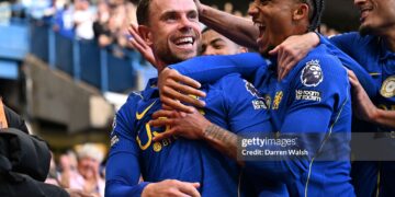 Jordan Henderson of Chelsea celebrates scoring his team’s fifth goal with Joao Pedro during the Premier League 2026/27 match between Chelsea FC and AFC Bournemouth (Photo by Darren Walsh/Chelsea FC via Getty Images)
