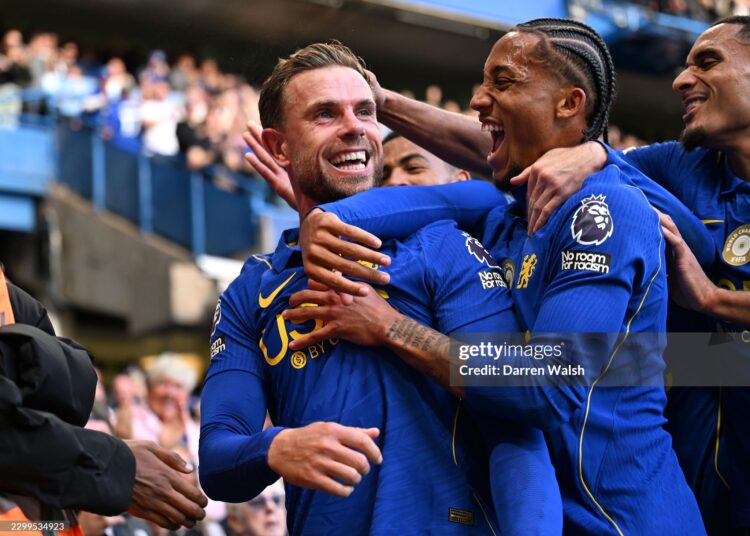 Jordan Henderson of Chelsea celebrates scoring his team’s fifth goal with Joao Pedro during the Premier League 2026/27 match between Chelsea FC and AFC Bournemouth (Photo by Darren Walsh/Chelsea FC via Getty Images)
