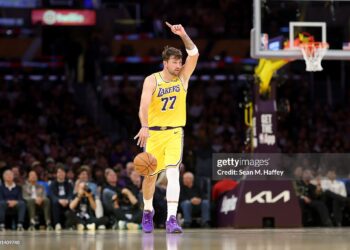 Luka Doncic #77 of the Los Angeles Lakers calls a play during the first half of a game against the Golden State Warriors (Photo by Sean M. Haffey/Getty Images)