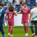 Marc Cucurella of Real Madrid CF and Carlos Espi of Real Madrid CF gestures during the during the Pre-Season Friendly match between FC Schalke 04 and Real Madrid (Photo by Mario Hommes/DeFodi Images/DeFodi via Getty Images)