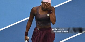 USA's Coco Gauff reacts after a point against Belgium's Elise Mertens during their women's singles match at the China Open (Photo by Pedro PARDO / AFP via Getty Images)