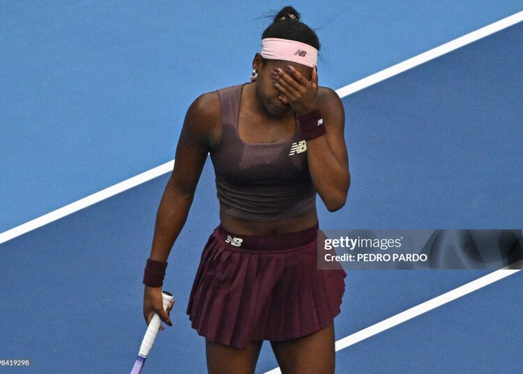 USA's Coco Gauff reacts after a point against Belgium's Elise Mertens during their women's singles match at the China Open (Photo by Pedro PARDO / AFP via Getty Images)