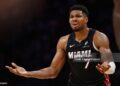 Giannis Antetokounmpo #7 of the Miami Heat reacts against the Detroit Pistons (Photo by Carmen Mandato/Getty Images)