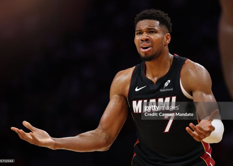 Giannis Antetokounmpo #7 of the Miami Heat reacts against the Detroit Pistons (Photo by Carmen Mandato/Getty Images)