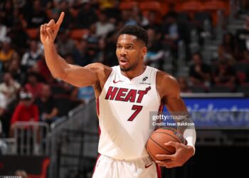 Giannis Antetokounmpo #7 of the Miami Heat looks on during the game against the Dallas Mavericks (Photo by Issac Baldizon/NBAE via Getty Images)