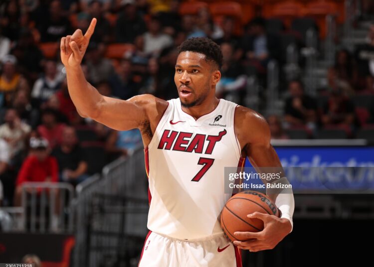 Giannis Antetokounmpo #7 of the Miami Heat looks on during the game against the Dallas Mavericks (Photo by Issac Baldizon/NBAE via Getty Images)