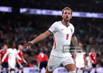 Harry Kane of England celebrates scoring his team’s third goal during the UEFA Nations League 2026/27 group phase match between England and Czechia (Photo by Julian Finney/Getty Images)