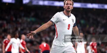 Harry Kane of England celebrates scoring his team’s third goal during the UEFA Nations League 2026/27 group phase match between England and Czechia (Photo by Julian Finney/Getty Images)